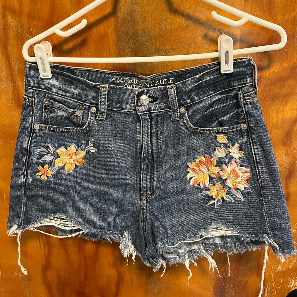 American Eagle Outfitters Women's Embroidered Denim Mom Shorts - Blue